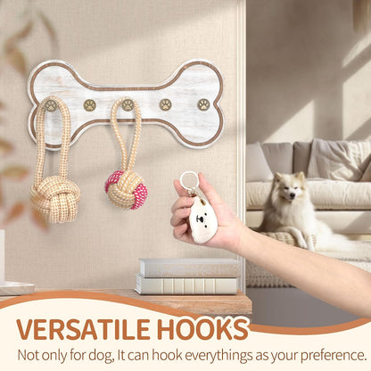 MTERSN Dog Leash Holder Wall Mount with 3D Paws Hooks, Distressed White | Bone-Shaped Dog Leash Holder for Wall, Leash Holder, 5 Dog Leash Hook, Pet Accessories Storage, Gift for Dog Lovers