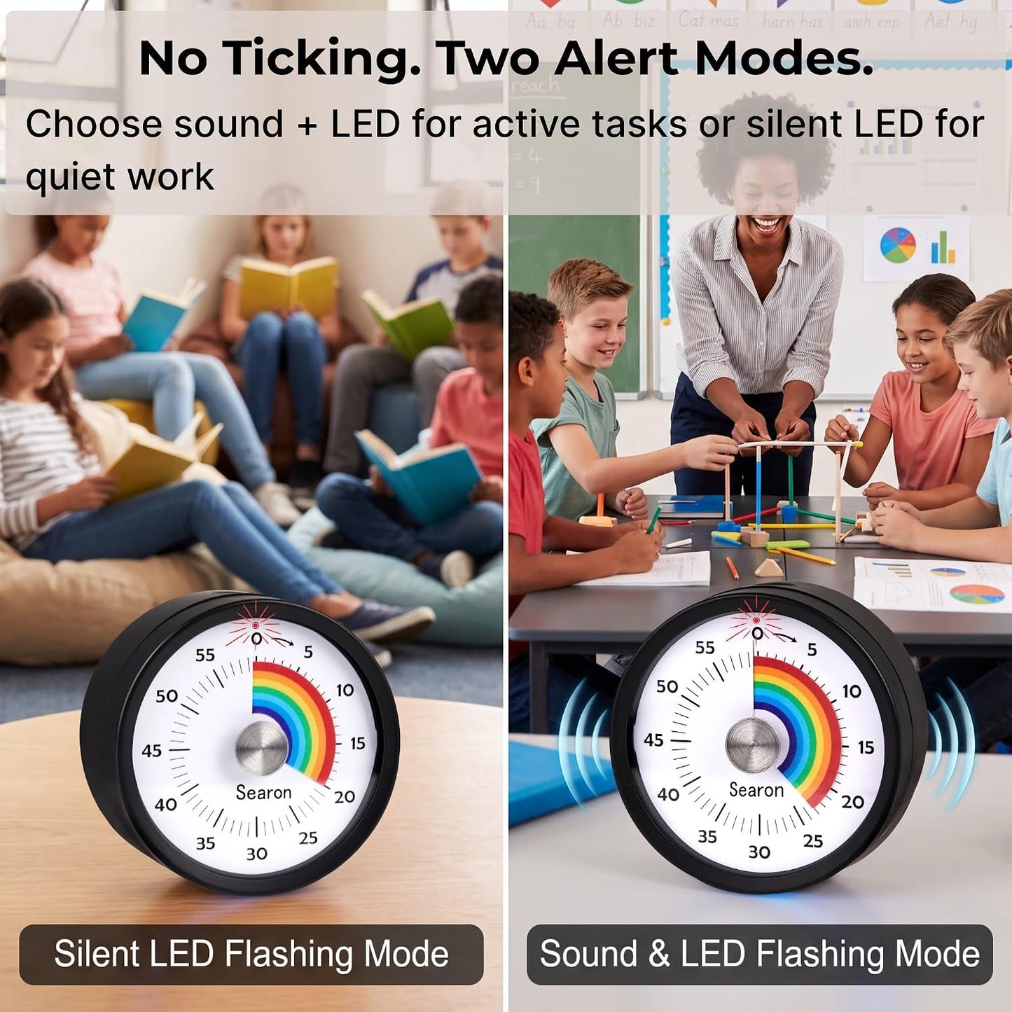 Searon Magnetic Visual Classroom Timer for Teachers, 60-Minute Countdown | No-Tick with Sound or Silent LED Alert, Pause, Magnet/Stand/Hang for Reading, Small Groups & Classroom Routines