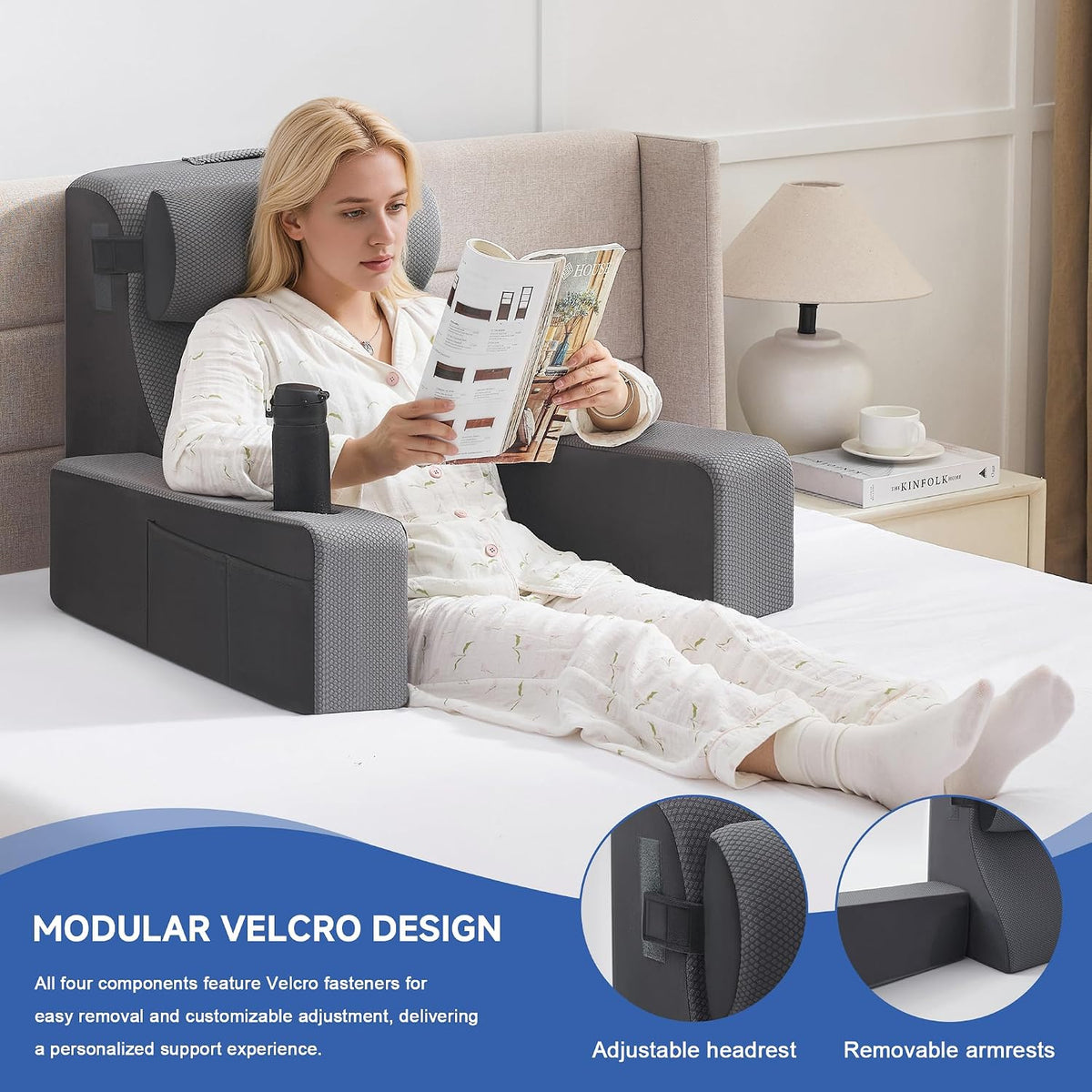 Reading Pillow for Sitting in Bed Adult, Back Pillow for Bed Sitting up with Arms, Pockets and Cup holder, Sit Up Backrest Pillows for Beds Chair Support, Rest Pillow for Gaming (Light gray)