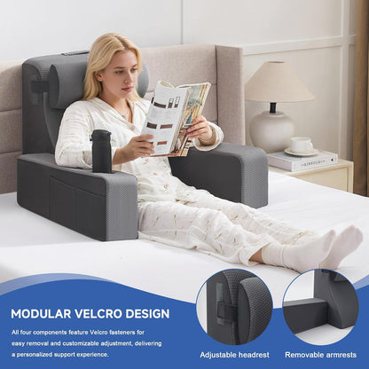 Reading Pillow for Sitting in Bed Adult, Back Pillow for Bed Sitting up with Arms, Pockets and Cup holder, Sit Up Backrest Pillows for Beds Chair Support, Rest Pillow for Gaming (Light gray)