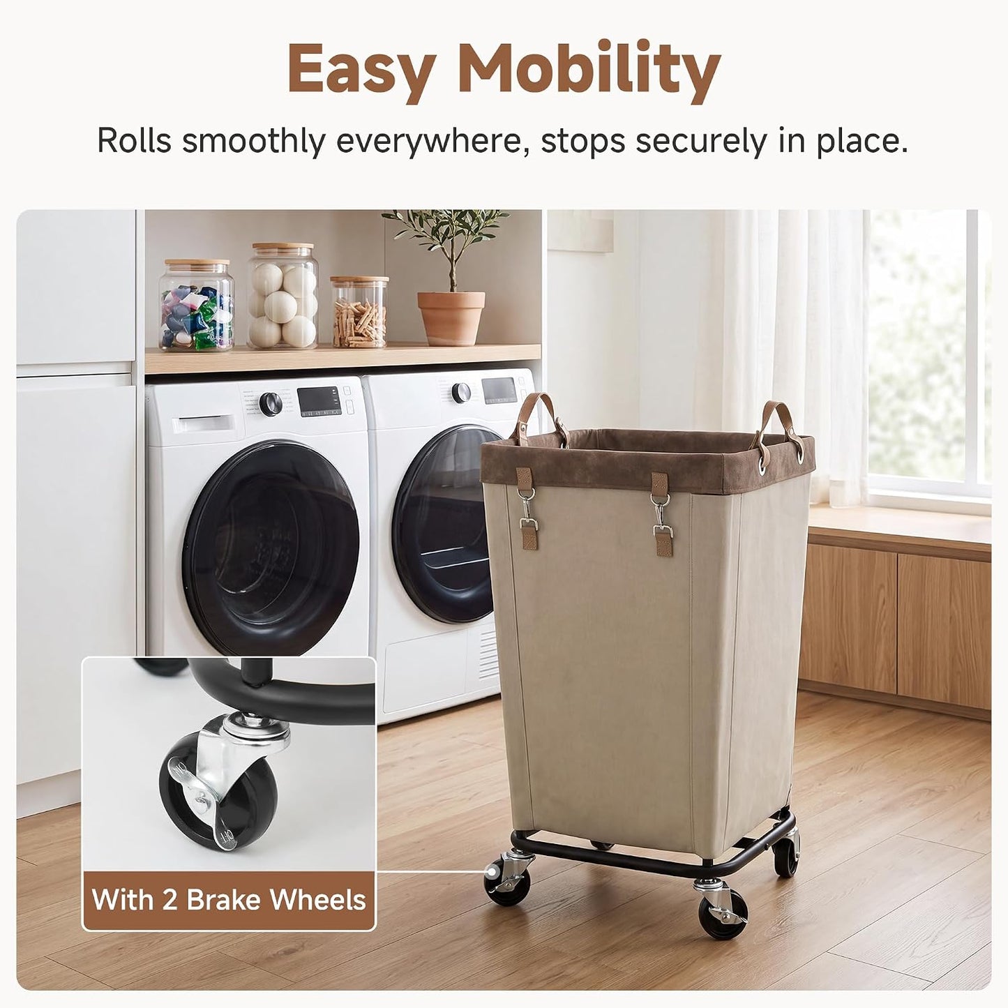 StorageWorks 160L Laundry Basket with Wheels, Rolling Hampers for Clothing | Beige Laundry Basket with Wheels, Metal Frame & Handles, Rolling Hamper for Bedroom, Bathroom, Dorm, Hotel