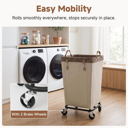 StorageWorks 160L Laundry Basket with Wheels, Rolling Hampers for Clothing | Beige Laundry Basket with Wheels, Metal Frame & Handles, Rolling Hamper for Bedroom, Bathroom, Dorm, Hotel