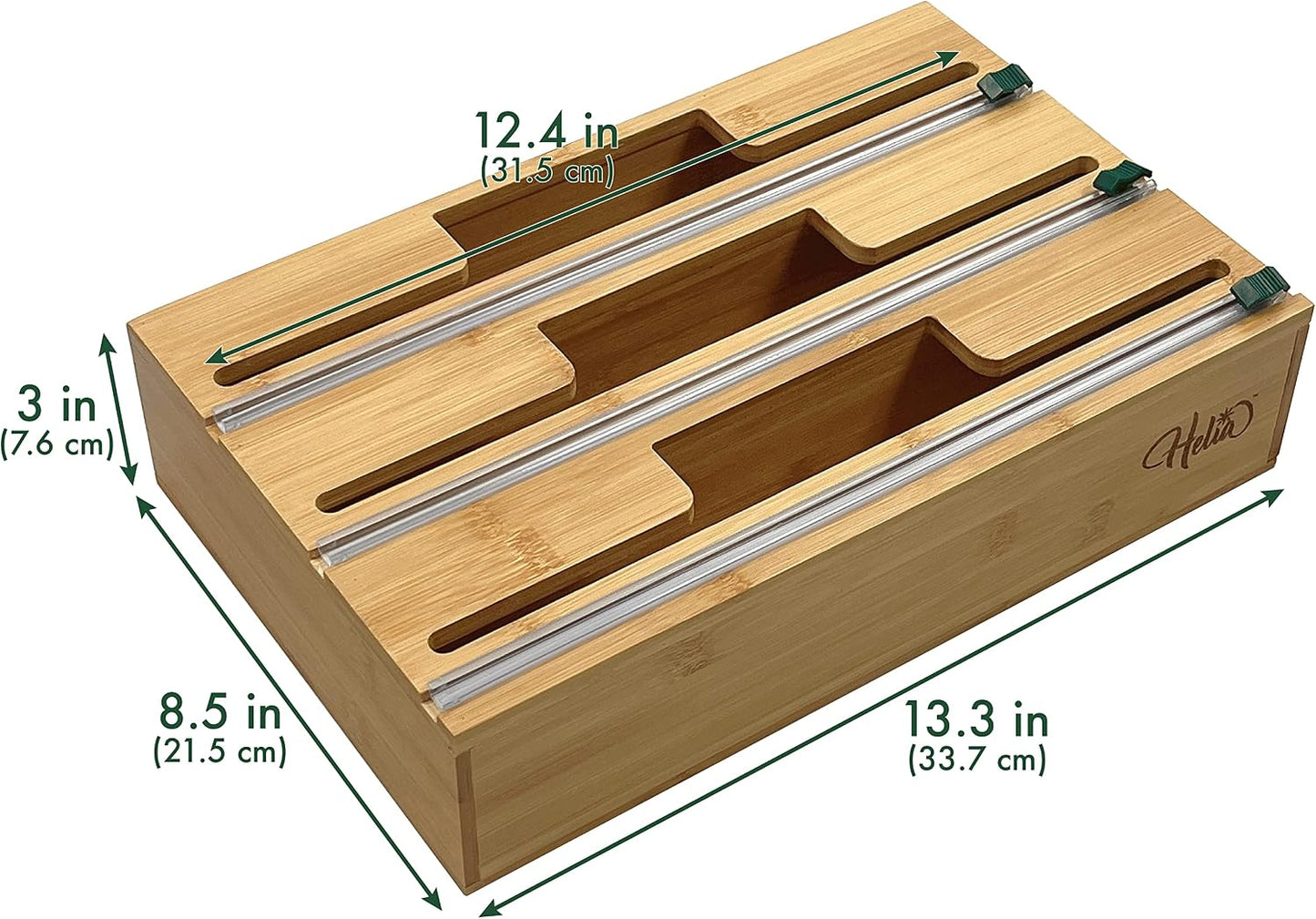 HELIA Bamboo Kitchen Wrap Organizer | Wall Mounting Solid Bamboo Foil and Plastic Wrap Dispenser with Sliding Cutters | Aluminum Foil and Plastic Wrap Dispenser with Cutter