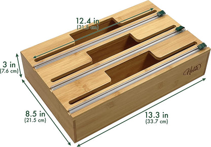 HELIA Bamboo Kitchen Wrap Organizer | Wall Mounting Solid Bamboo Foil and Plastic Wrap Dispenser with Sliding Cutters | Aluminum Foil and Plastic Wrap Dispenser with Cutter