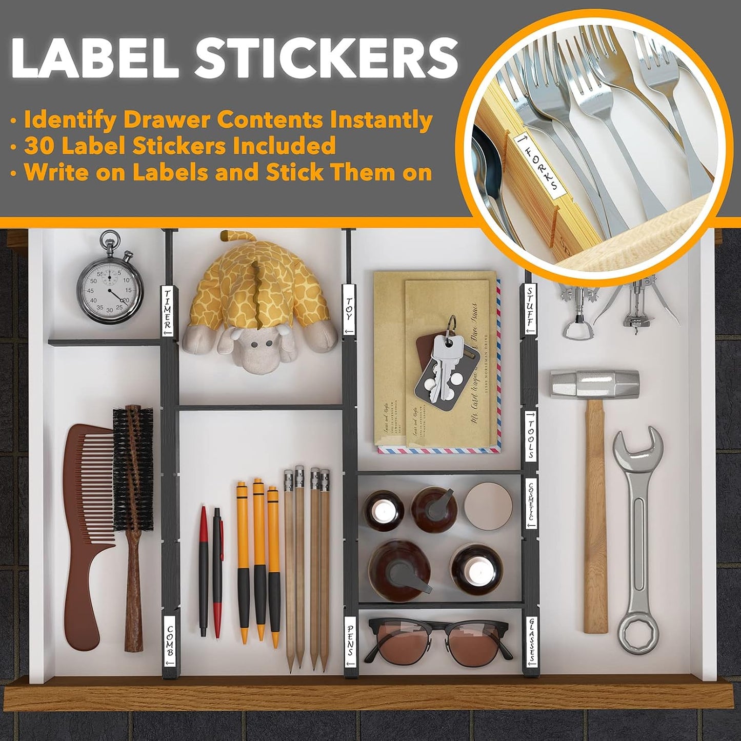 SpaceAid Bamboo Drawer Dividers with Inserts and Labels, Kitchen Adjustable Drawer Organizers, Expandable Organization for Home, Office, Dressers, 4 Dividers with 9 Inserts (17"-22" Natural)