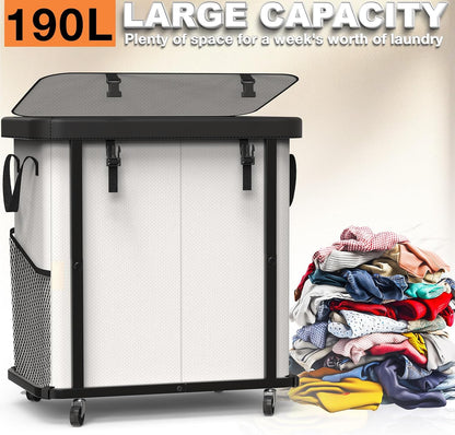 Laundry Hamper with Wheels,150L Leather Patchwork Clothes Hamper Black | Rolling Laundry Basket with Sturdy Metal Frame, Removable Washable Bag,Tall Clothes Sorter for Bedroom, Laundry Room, Dorm