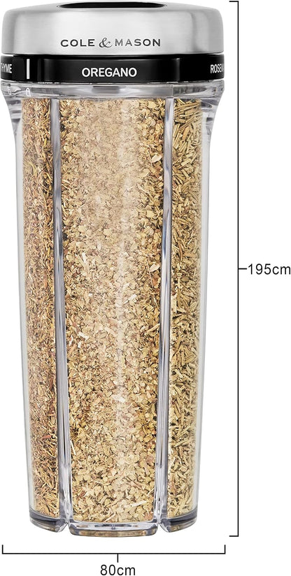 Cole & Mason Saunderton Spice Storage & Shaker - Herb Keeper for Refrigerator, Countertop or Cabinet - Divided Food Storage Container - Spice Shaker with Lid - Clear/Silver