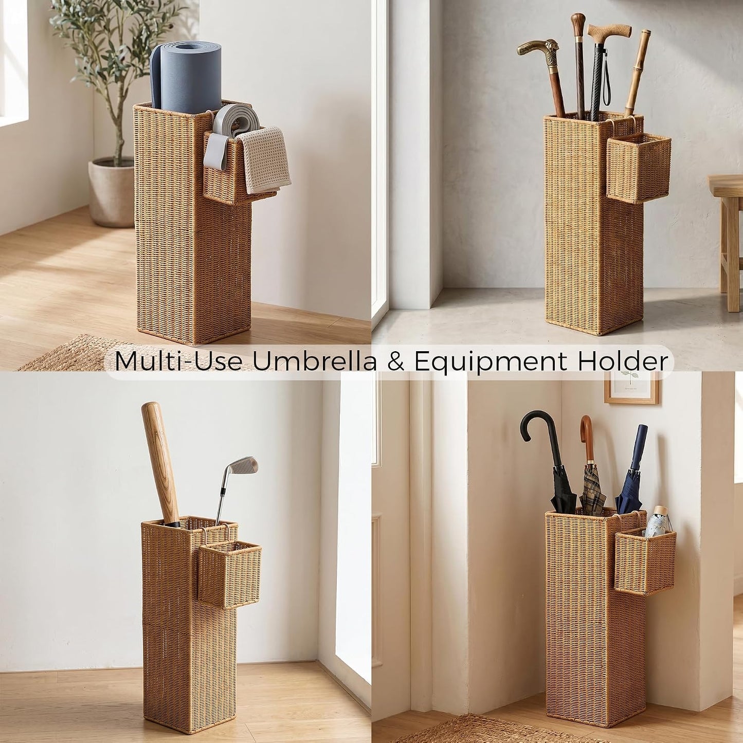 Rattan Umbrella Stand with Small Basket & Drip Tray, Umbrella Holder for Entryway, Tall Wicker Basket for Storage, Woven Organizer for Inoor, Outdoor, Home, Office, Hotel