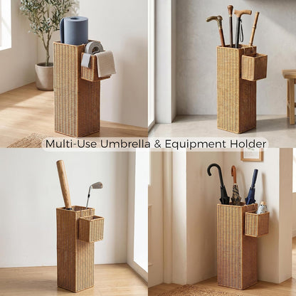 Rattan Umbrella Stand with Small Basket & Drip Tray, Umbrella Holder for Entryway, Tall Wicker Basket for Storage, Woven Organizer for Inoor, Outdoor, Home, Office, Hotel