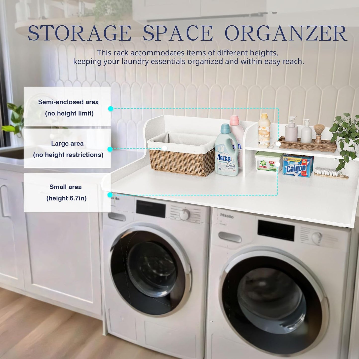 DTK Washer Dryer Wood Countertop with Shelf, Laundry Topper with Non-Slip Mat,27.55" Depth x 54" Width Dryer Covers for The Top with Edge Rails, Black