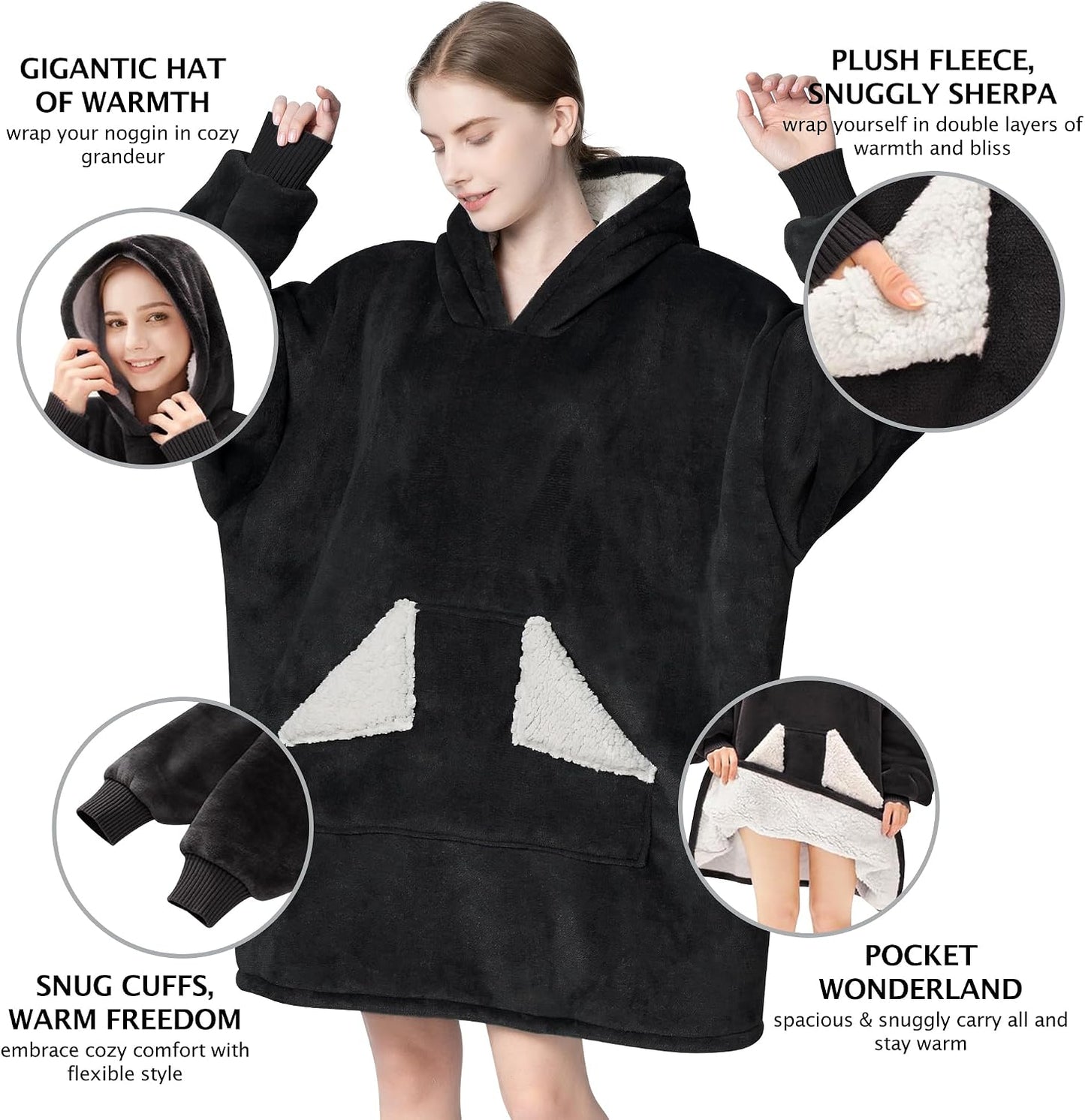 Wearable Blanket Hoodie, Oversized Sherpa Fleece Sweatshirt Blanket with Giant Hood Pocket and Sleeves for Adult, Warm & Cozy Grey Blanket Gifts for Women