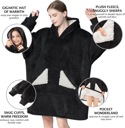 Wearable Blanket Hoodie, Oversized Sherpa Fleece Sweatshirt Blanket with Giant Hood Pocket and Sleeves for Adult, Warm & Cozy Grey Blanket Gifts for Women