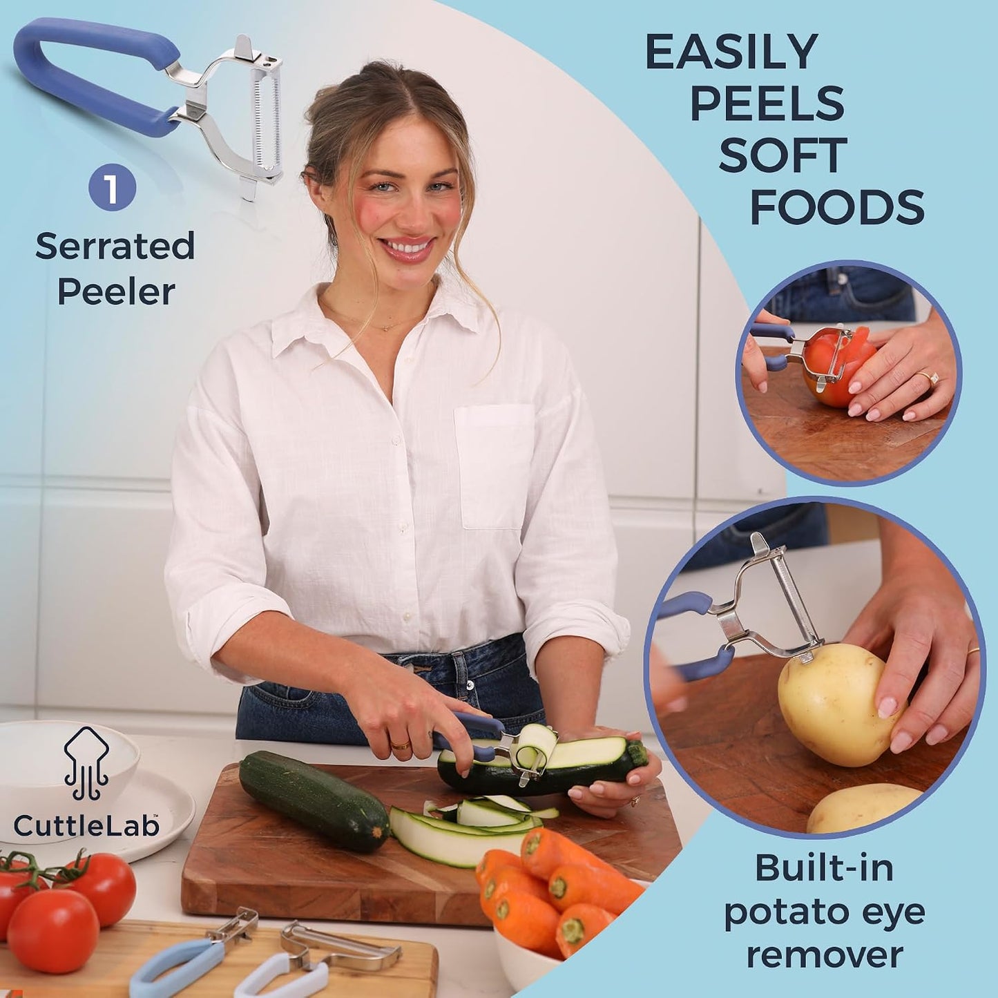 CuttleLab Vegetable Peeler Set – Serrated, Straight & Wide Blades- great apple peeler & potato peelers, Carrots, Zucchini, Cucumbers – Soft Grip Handle- Eye Remover – Dishwasher Safe (3, Country Chic)