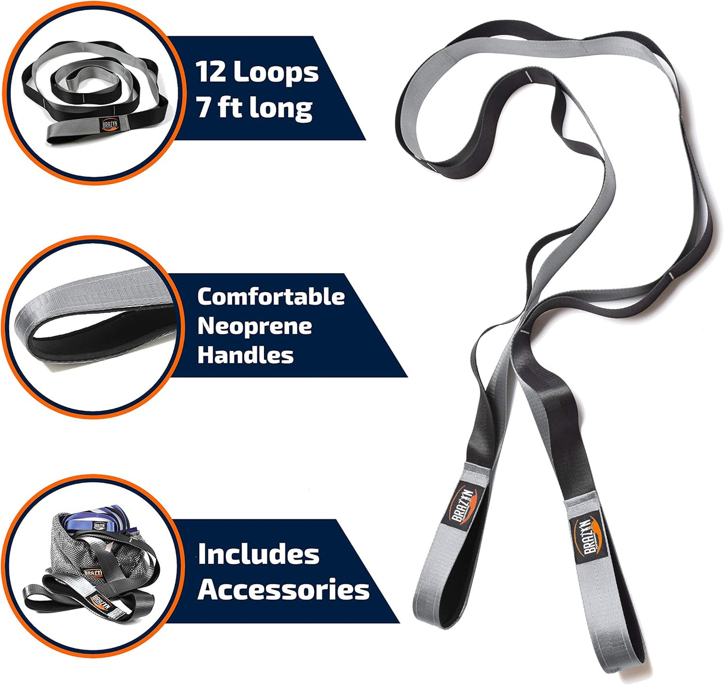Brazyn Mobility Stretching Strap | Multi-Functional 12-Loop Strap for Stretching, Yoga, Physical Therapy, Pilates, Dance and Gymnastics