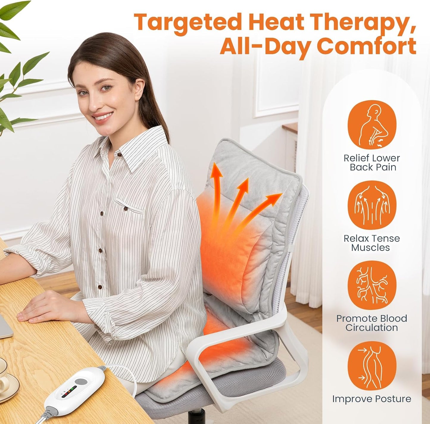 Heated Seat Cushion for Office Chair with Lumbar Support, Extra Large Heated Chair Pad for Pain Relief, Auto Shut Off, 3 Heating Levels, Chair Warmer for Full Back, Waist, Hip, Thigh, Home Use, Grey