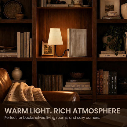 AELS Solid Wood Bookshelf Lamp with Bulb, Cordless Rechargeable Touch Dimmable Table Lamp with Linen Fabric Shade, Modern Decorative Bookend Lamp for Bedroom, Office & Bookshelf Decor, Dark Brown