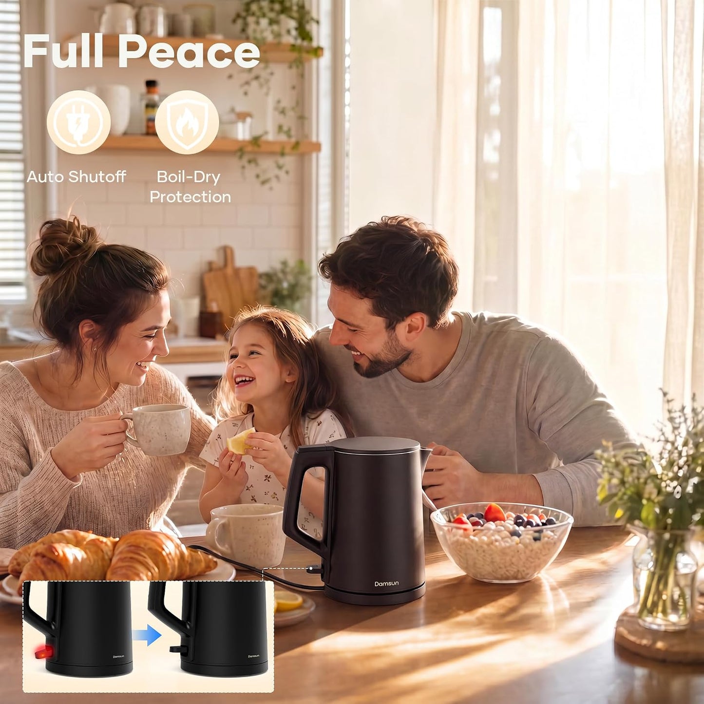 Damsun 1.7L Stainless Steel Electric Kettle, 1500W Rapid Boil, Black | No Plastic Contact with Water,Auto Shut-Off & Boil-Dry Protection,BPA Free 360 Rotatable Cordless Base