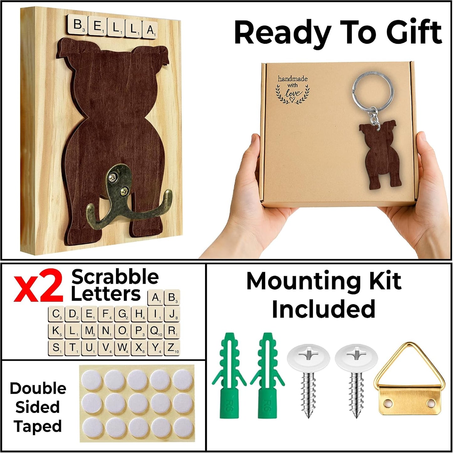 Dog Leash Holder Wall Mount, Pet Harness Hanger with Scrabble Letters, Dog Collar Organizer for Entryway, Memorial Cat Leash Holder for Wall, Pet Loss Gifts, Keepsake, Home Decor PF212-NAT