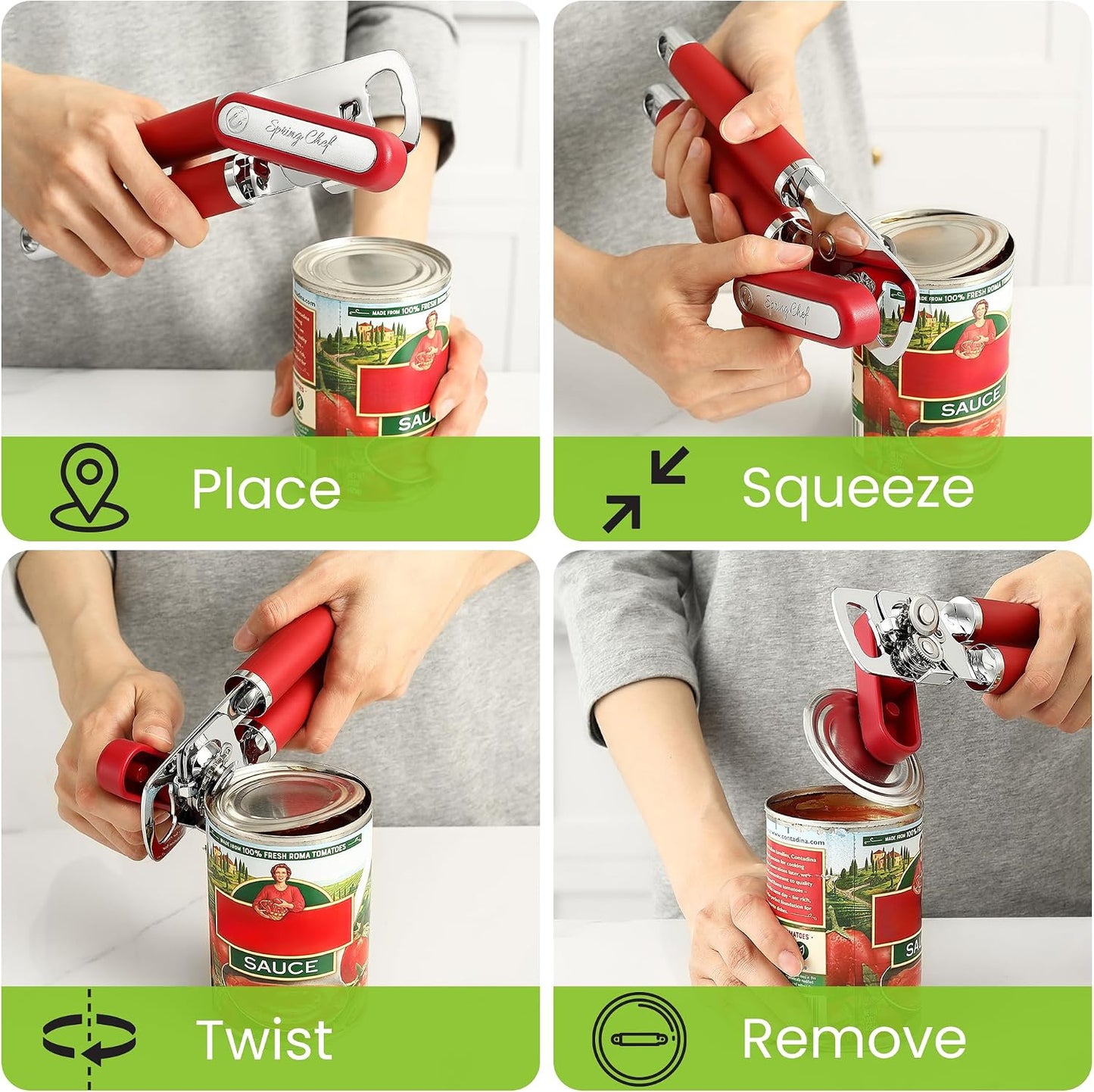 Spring Chef Stainless Steel Manual Can Opener with Soft Grip Handles, Black | Heavy Duty Hand Can Opener for Seniors with Smooth Edge, Easy Turn, 3in1 Can Opener with Magnetic Lid Remover & Bottle Opener