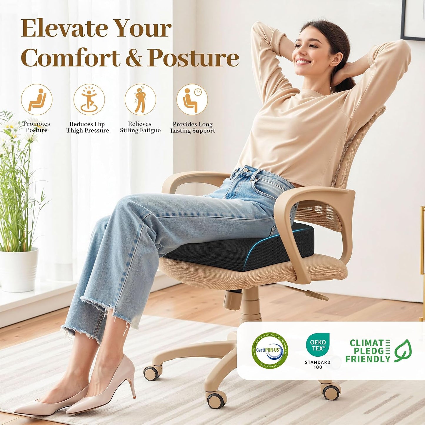 TranquilRelax Memory Foam Seat Cushion for Office Chair, 3-Inch, Black | Medium-firm Support for Long Sitting, Washable Mesh Cover, Non-slip Base, Perfect for Car Seats & Short Drivers