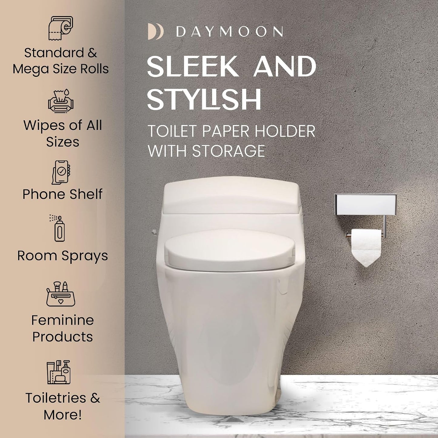 Day Moon™ - Toilet Paper Holder with Shelf - Modern Roll Holder for Bathroom - 1 Pack - Wall Mount - with Storage, Gold