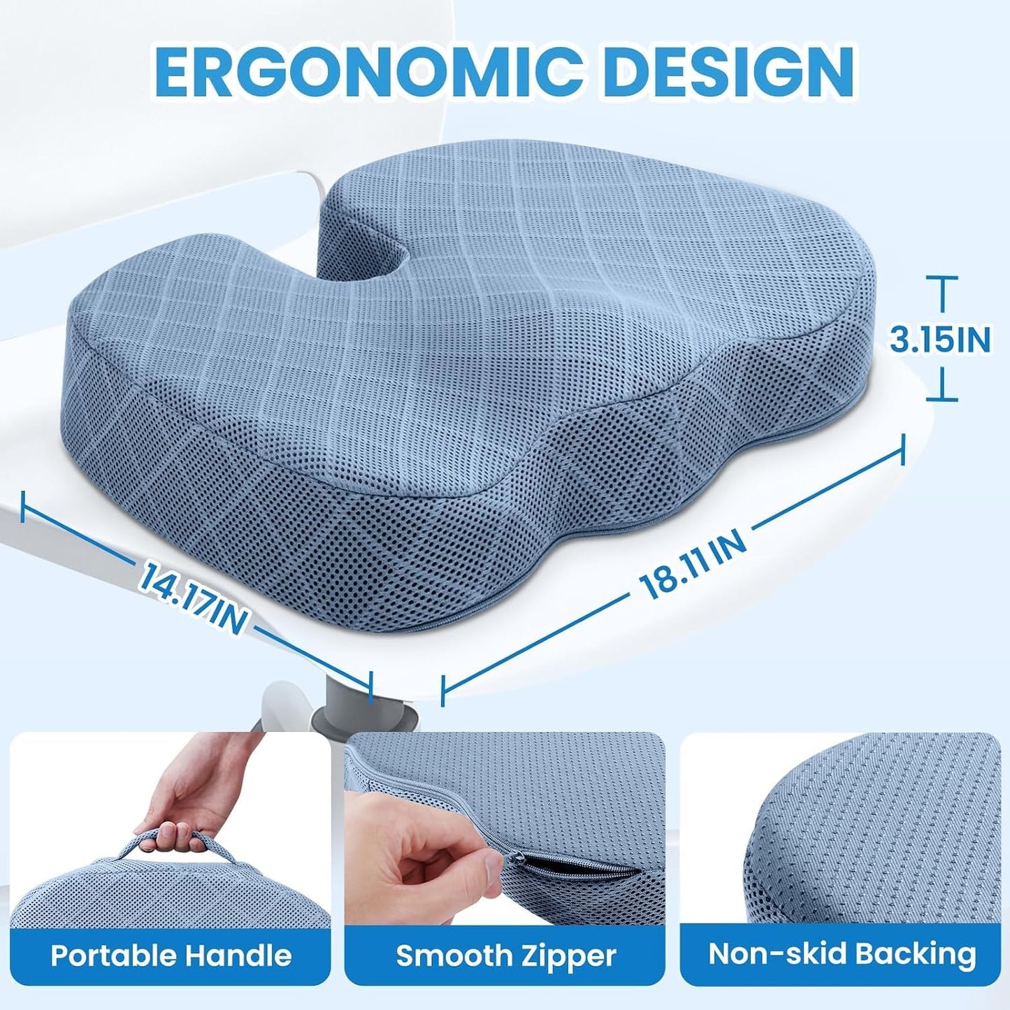 TushGuard Office/ Car Seat Cushion, Non-Slip Sciatica & Back Coccyx Tailbone Pain Relief Chair Pad, Memory Foam Butt Pillow for Computer Desk, Wheelchair, Driving (Black)