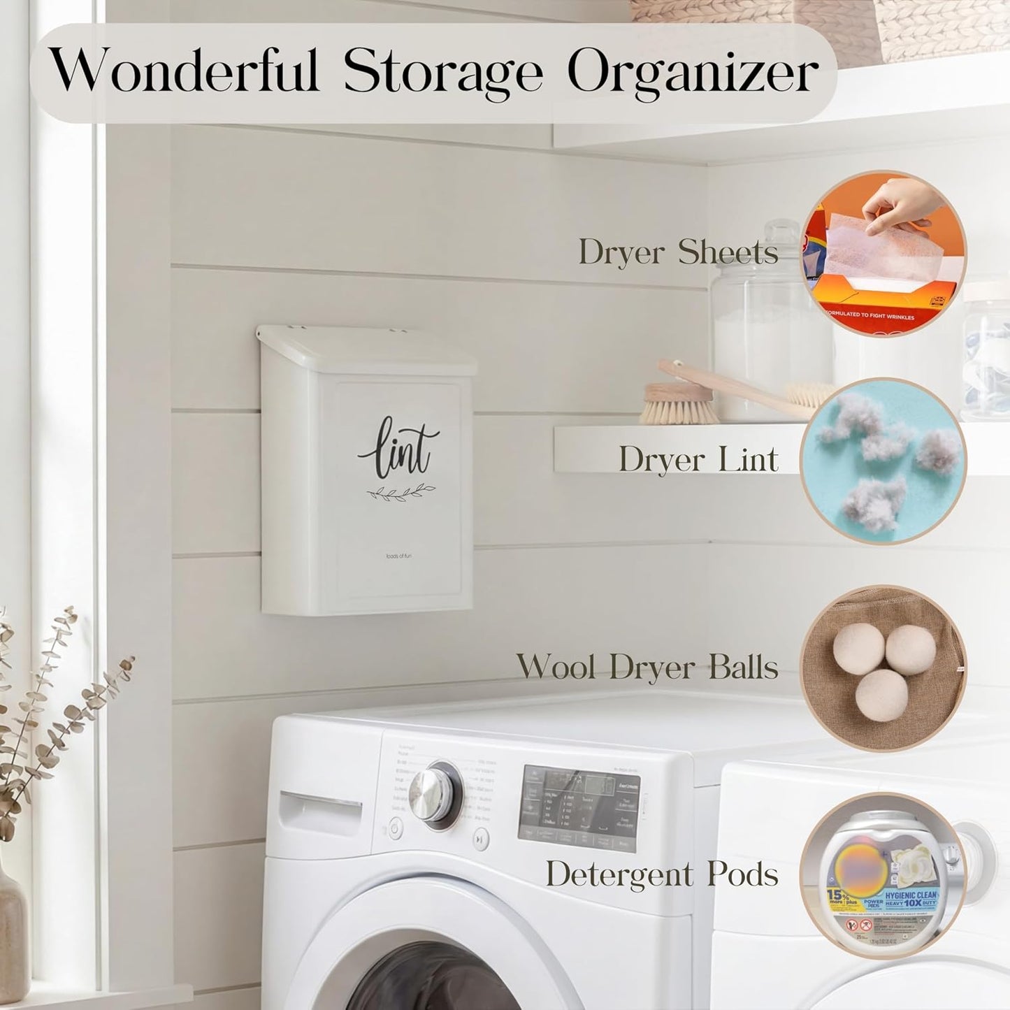 Perfnique Magnetic Lint Bin for Laundry Room with Lint Brush, Wall Mounted Lint Holder Trash can with lid for Dryer, Modern Farmhouse Rustic Metal Laundry Room Storage Organization and Decor(White)