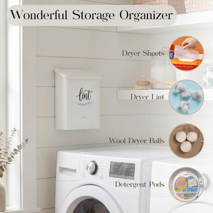 Perfnique Magnetic Lint Bin for Laundry Room with Lint Brush, Wall Mounted Lint Holder Trash can with lid for Dryer, Modern Farmhouse Rustic Metal Laundry Room Storage Organization and Decor(White)