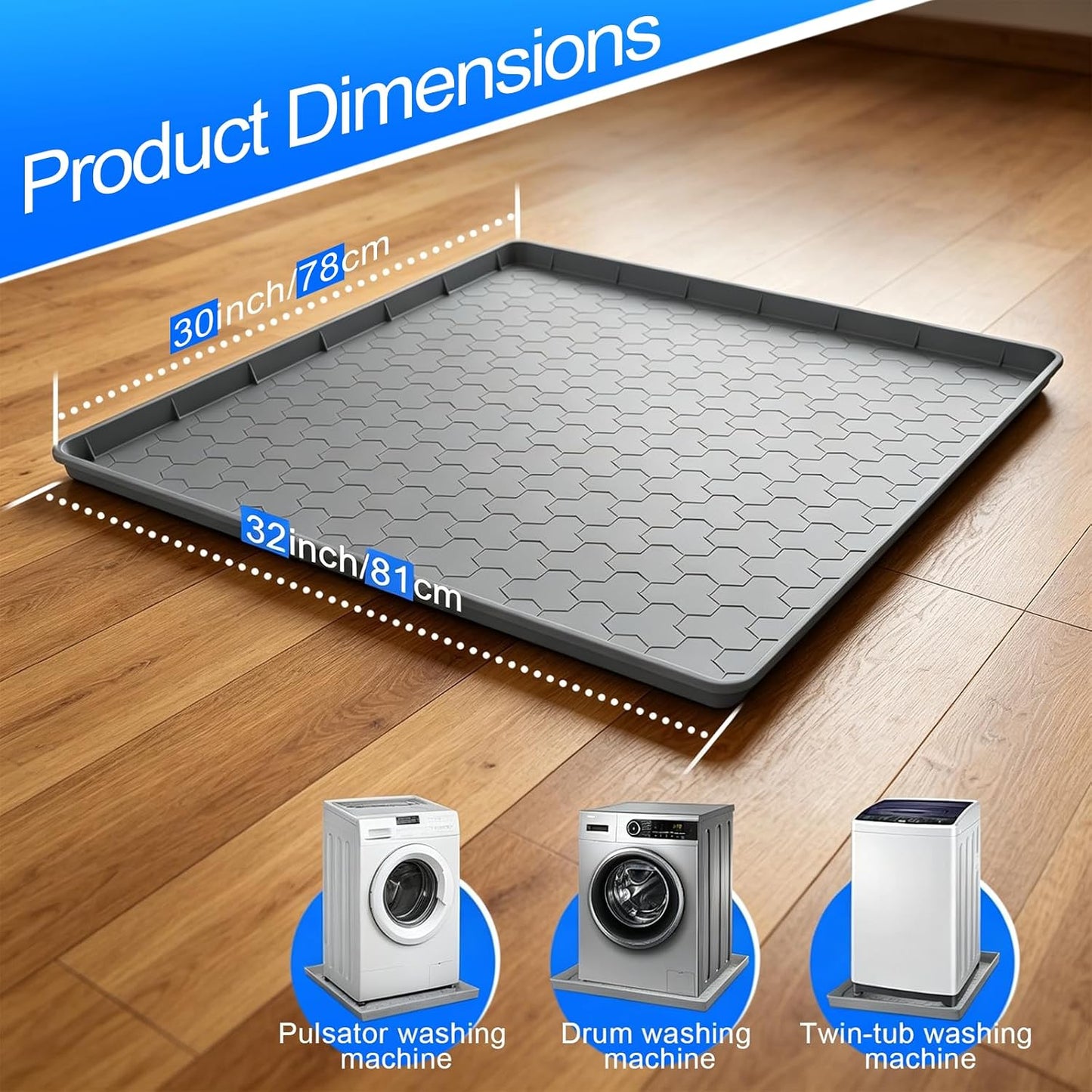 Silicone Washing Machine Drain Pan, 32"x 30" Raised Edge Drip Tray | Thickened silicone; Anti-slip & anti-vibration; Soft & foldable; Protect floors & laundry rooms; Fits most washer or dryer