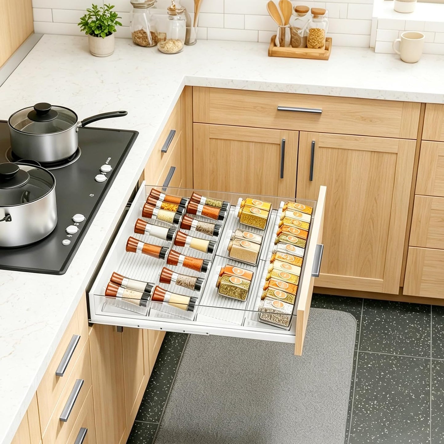 16 Pack Acrylic Drawer Seasoning Organizer, Expandable From 11''-22'' | Tiered Clear Spice Tray, Adjustable In Drawer Spice Organizer for Spices, Condiment, Nail Polish and Jar Organization