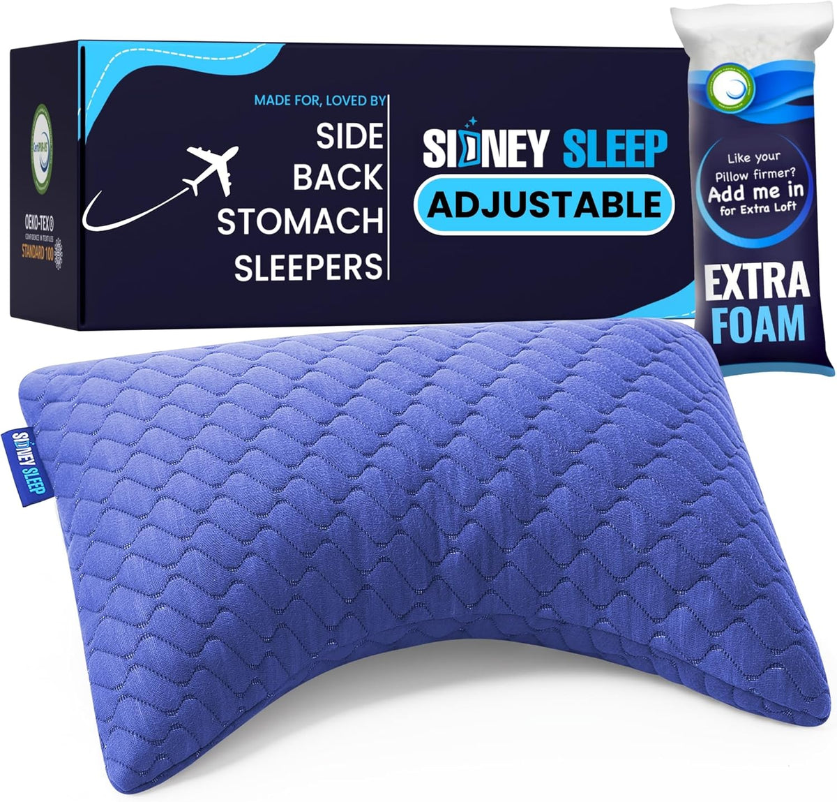 Sidney Sleep Adjustable Curved Pillows for Neck and Shoulder Support with Extra Shredded Fill - Cervical Contour Pillow for Side and Back Sleepers - Queen Size 19" x 29" CertiPUR-US Certified (White)