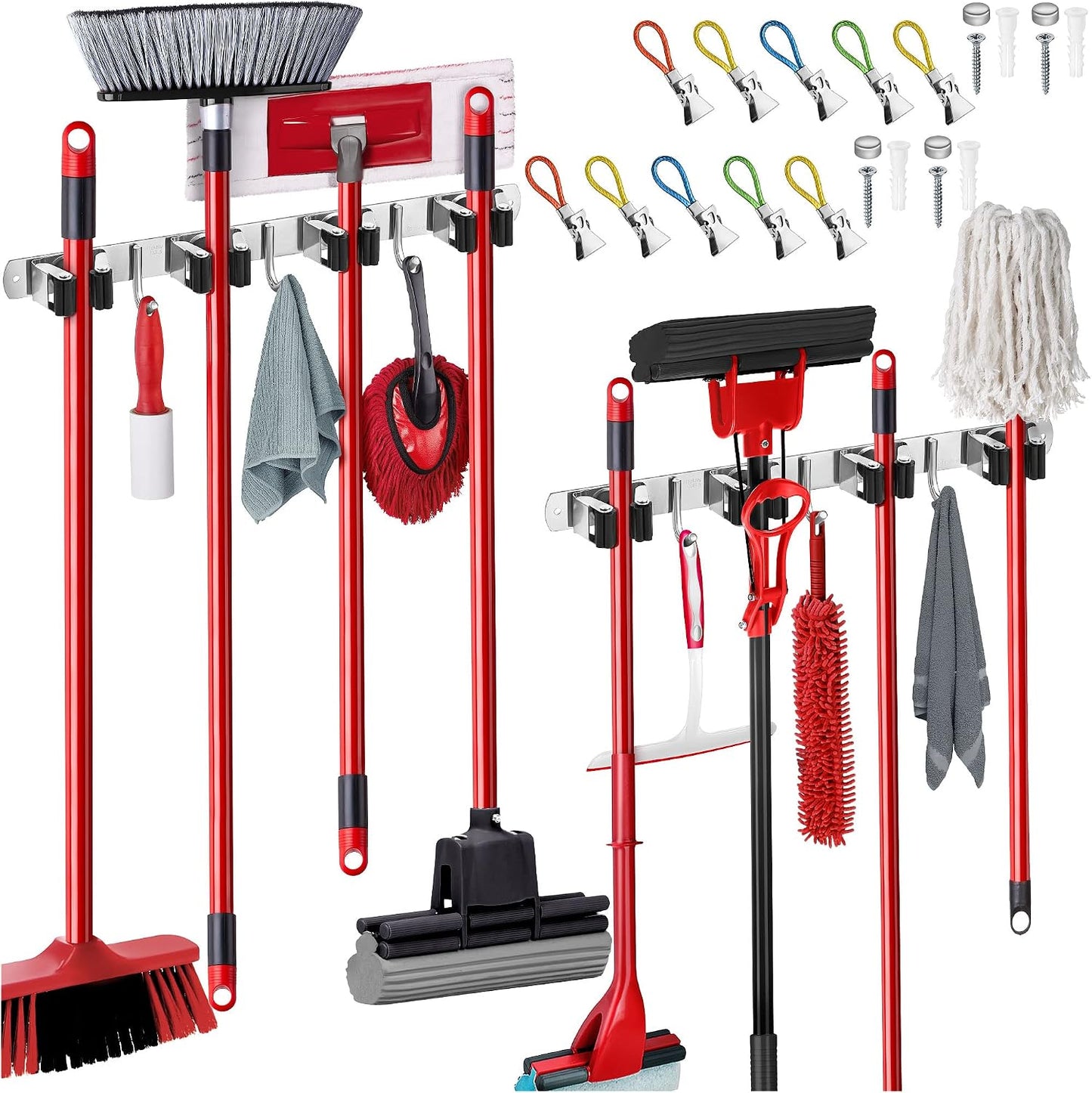 Wall Mount Hanger for Brooms & Mops - Adhesive Stainless Steel Mops & Broom Holder, 4 Clamps, 3 Hooks, & 5 Towel Hanger Clips Including Mounting Hardware for Utility Room Organization