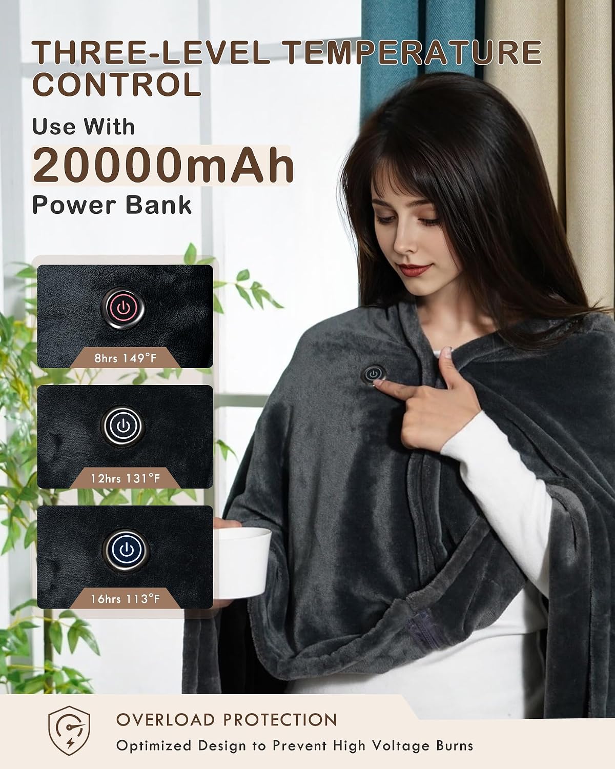 Cordless Heated Blanket Battery Powered; USB Wearable Portable Heated Throw Blanket with Hood, 20000 mAh Battery, 9 Heating Zone, 3-Level; Portable Heated Shawl Cordless; Camping