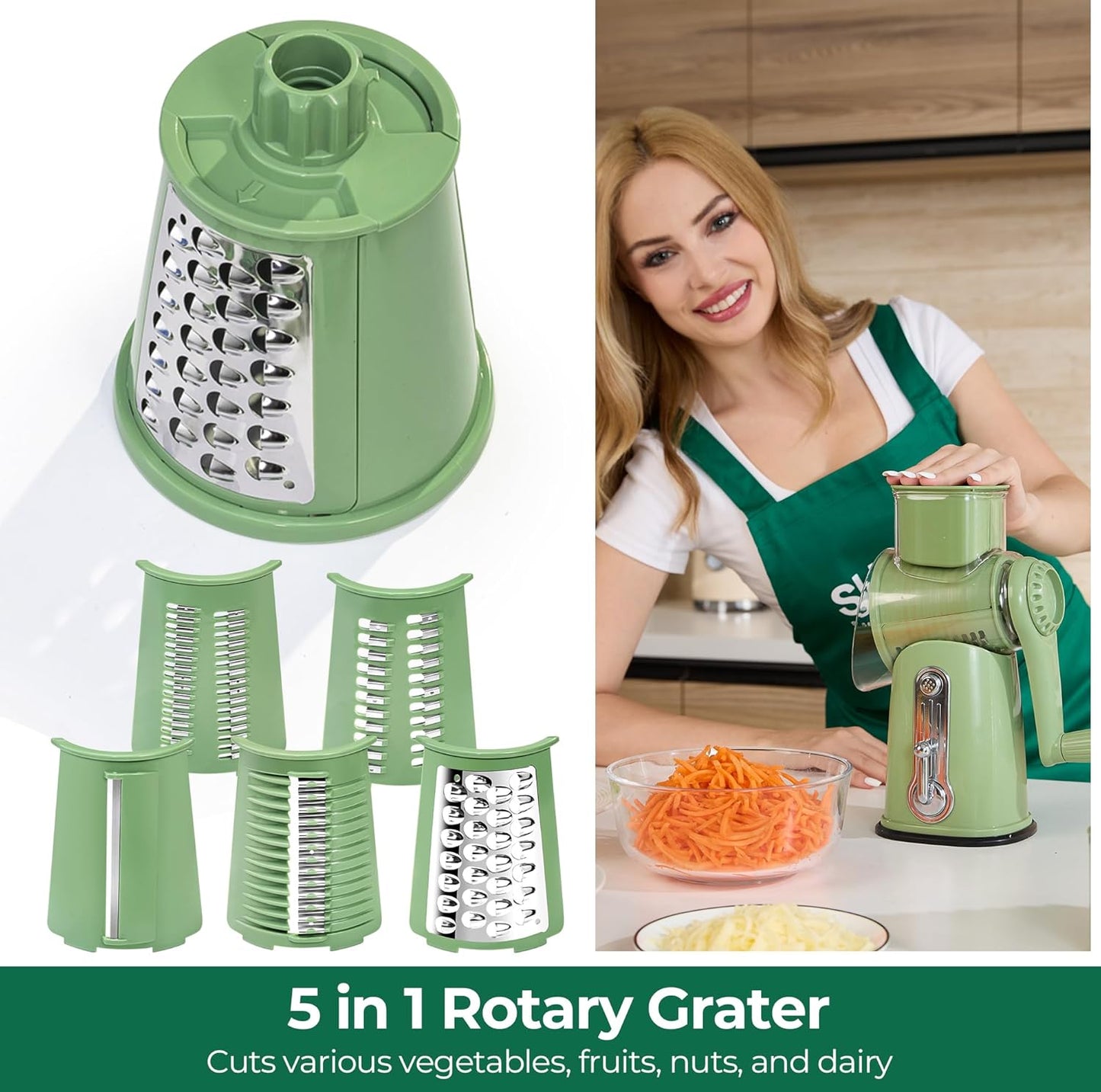 SUSTEAS Rotary Cheese Grater 5 Blades,Kitchen Mandoline Vegetable Slicer | White, Easy to Clean, Strong Suction Base, 5 Blades Storage Box, Round Mandoline Slicer & Food Chopper for Salad