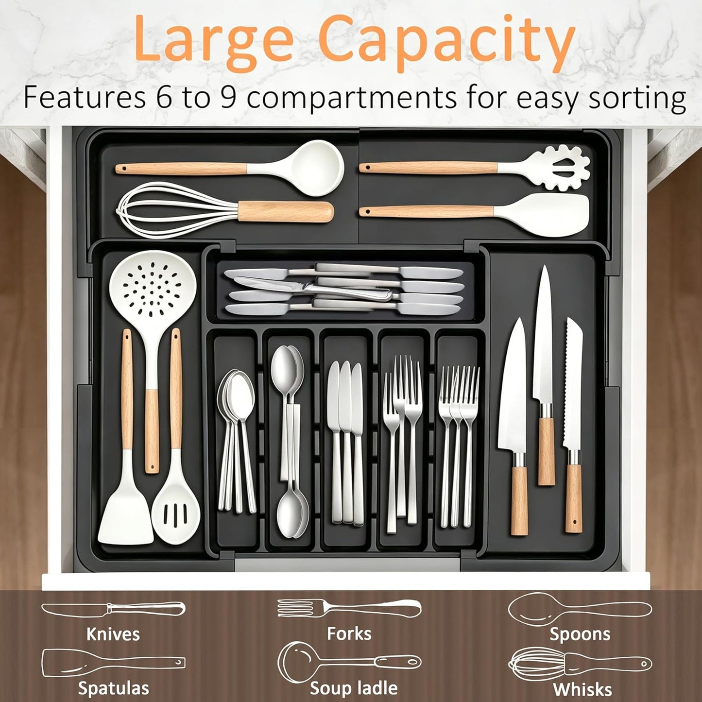 Large Silverware Drawer Organizer Expandable Kitchen Utensil Organizer BPA Free Flatware Cutlery Holder Tray Adjustable Plastic Drawer Divider Storage for Forks Knives 6-9 Slots White