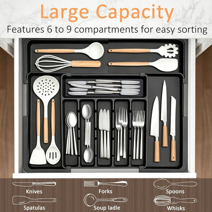 Large Silverware Drawer Organizer Expandable Kitchen Utensil Organizer BPA Free Flatware Cutlery Holder Tray Adjustable Plastic Drawer Divider Storage for Forks Knives 6-9 Slots White