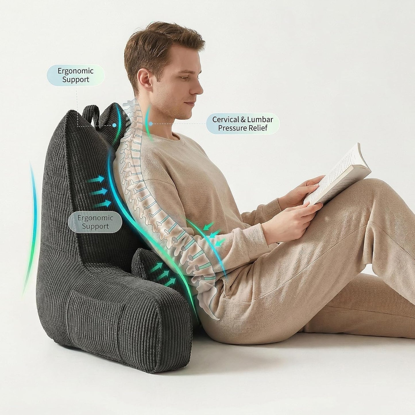 Patented Design Reading Pillow with Arms for Sitting Up, 2-in-1 Bed Rest Pillow with Detachable Lumbar Support, Backrest Support Cushion for Couch with Side Pockets & Handle, Beige Gray