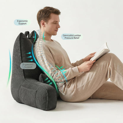 Patented Design Reading Pillow with Arms for Sitting Up, 2-in-1 Bed Rest Pillow with Detachable Lumbar Support, Backrest Support Cushion for Couch with Side Pockets & Handle, Beige Gray