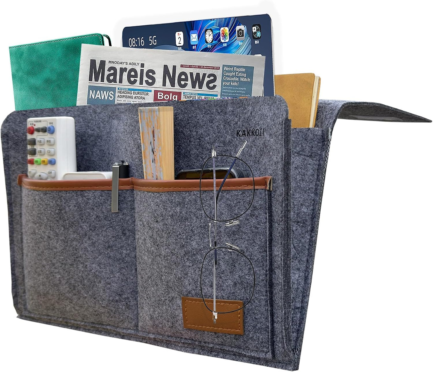 Bedside Caddy, Sofa Caddy, Storage Organizer Pocket for Dorm, Bedroom, 5 Pockets Felt Organizer for Magazine, Remote, Phone, Tablet, Pad, Glasses, Pen, Remote Control (Light Grey-Short)