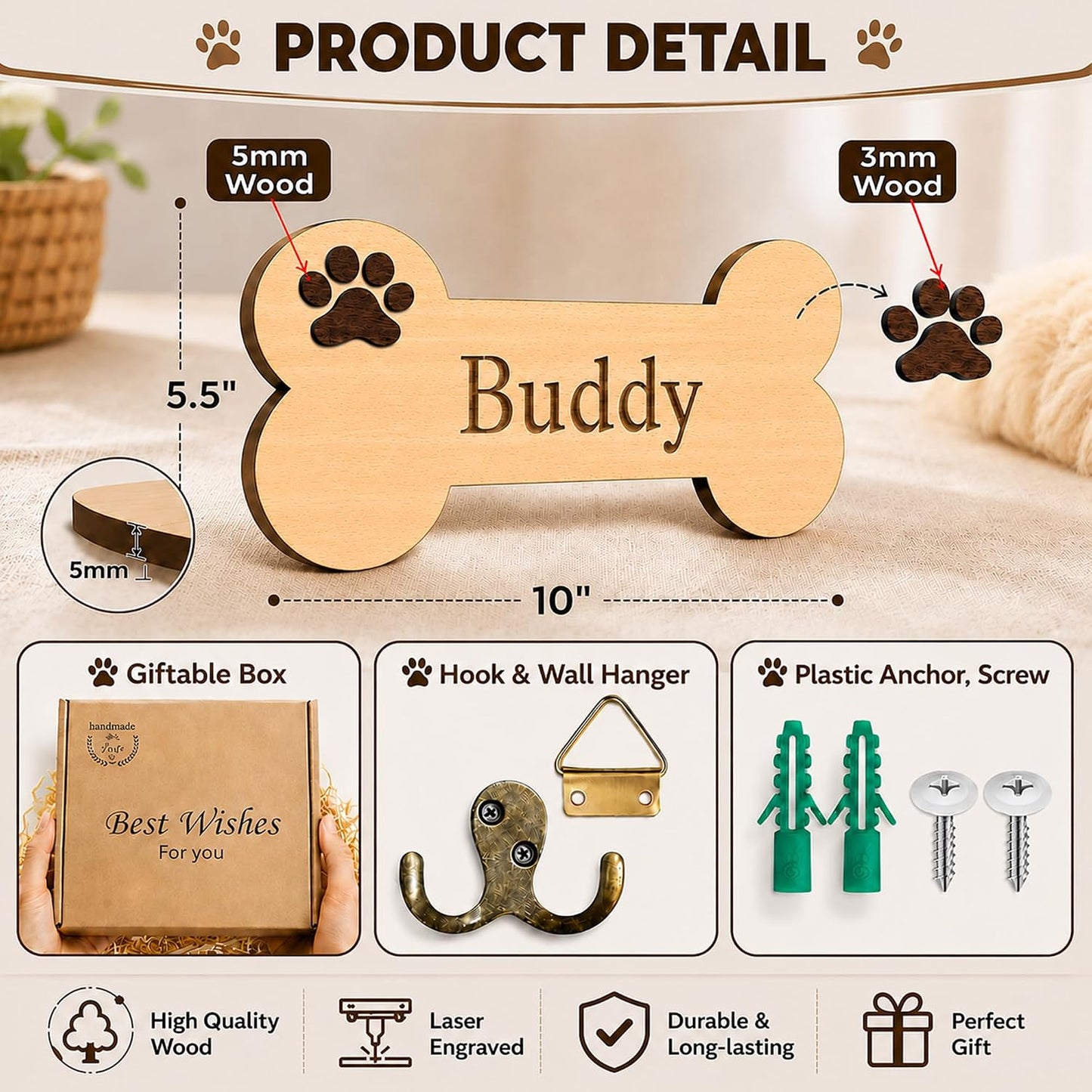 Dog Leash Holder Wall Mount, Pet Harness Hanger with Scrabble Letters, Dog Collar Organizer for Entryway, Memorial Cat Leash Holder for Wall, Pet Loss Gifts, Keepsake, Home Decor PF212-NAT