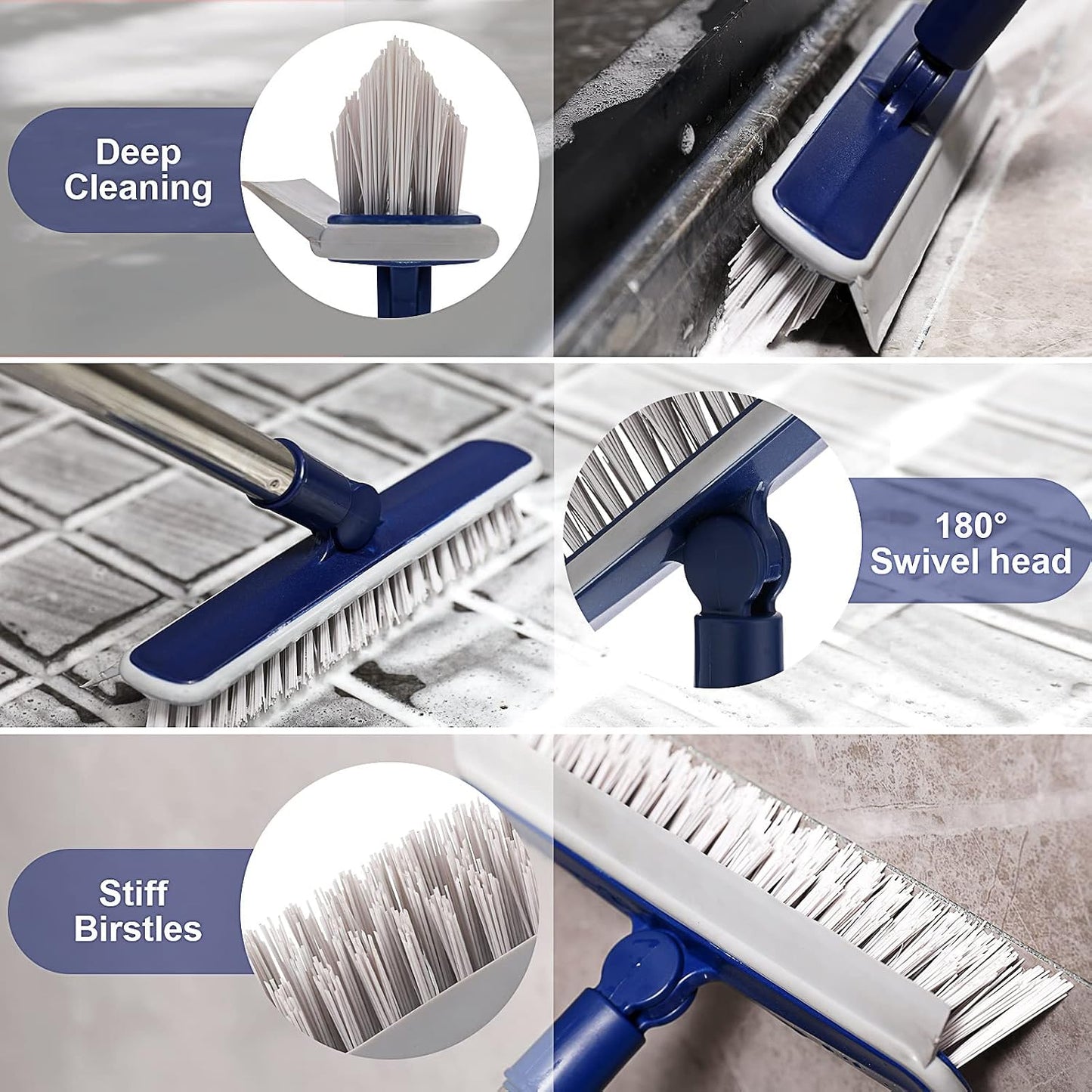 2 in 1 Floor Scrub Brush Grout Brush with 57.8" Long Handle,120°Rotatable Shower Tile Grout Cleaner Scrubber,V-Shaped Corner Brush for Hard to Reach Areas (Orange)
