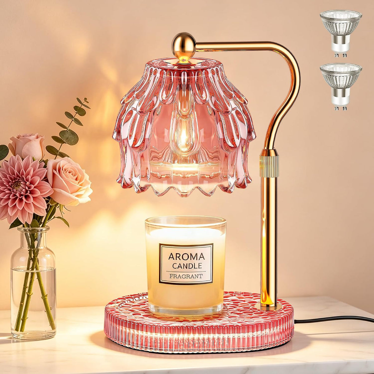 Candle Warmer Lamp with Timer Dimmer, Modern Wax Warmer for Scented Wax Jar Candle Warmer with 2 Bulbs, Adjustable Height Glass Lamp for Gifts for Women, Home Decor, Gold Amber
