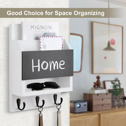 Key and Mail Holder for Wall with Chalkboard and Long Storage Box | Key Holder, Key Hanger with 3 Sturdy Hooks for Coat, Dog Leash, Entryway Mail Organizer