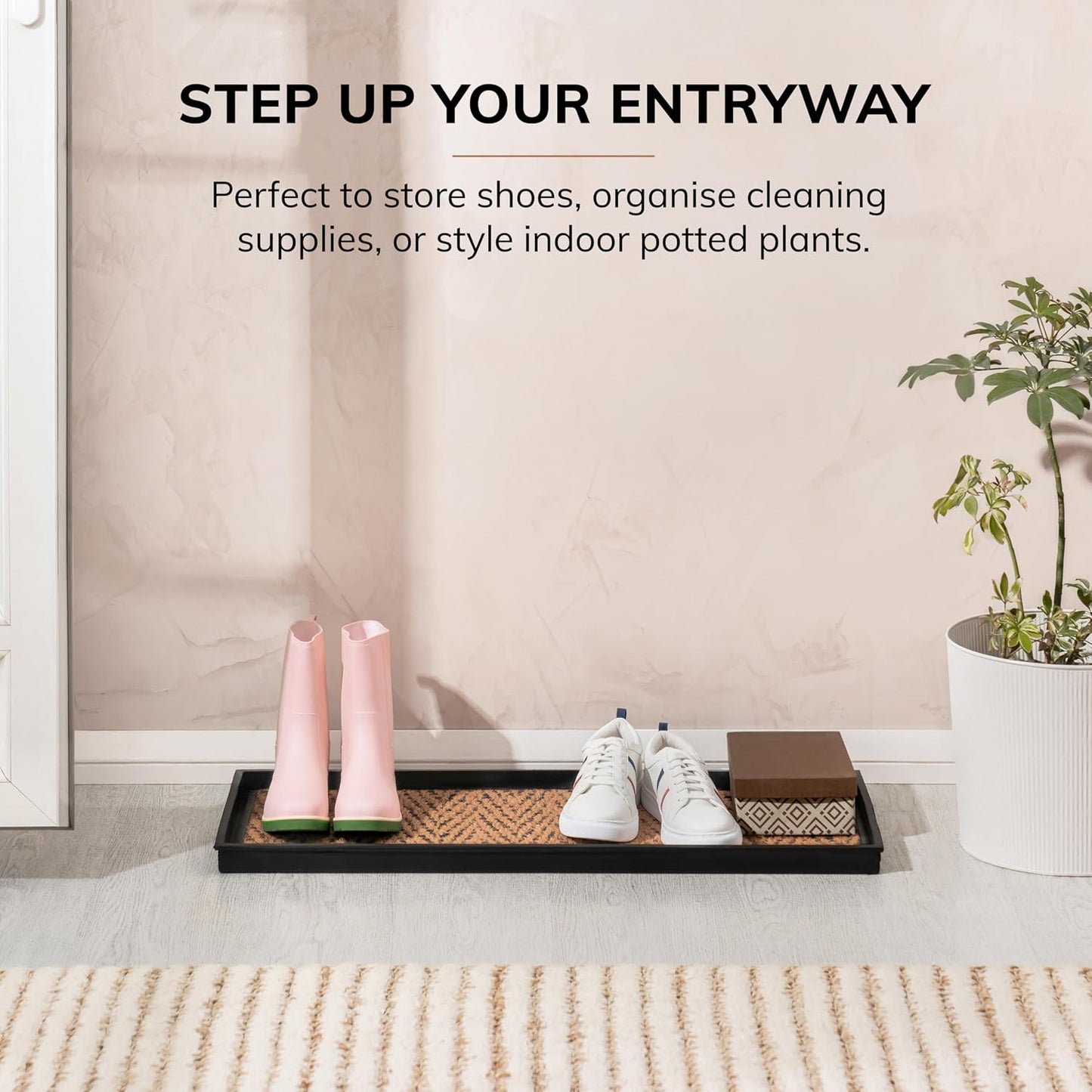 Anji Mountain Heavy Duty Waterproof Rubber Shoe Storage Mat Organizer/Boot Storage Tray Multi Use For Entryway with Coir, Tan Insert, Fits 2 Pair (24.5" Wide)