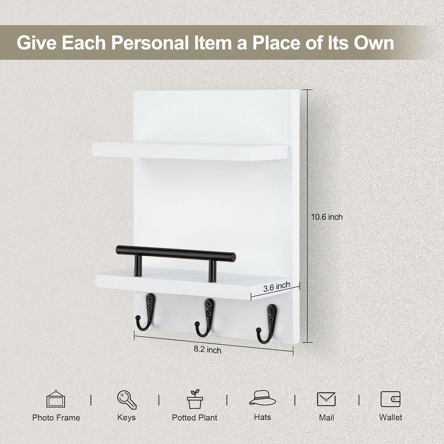 Key Holder Wall Mount, Mail Shelf Decor with 3 Key Hooks, Versatile Wood Wall Organizer for Entryway Hallway (8.2” x 10.6”x 3.6”) (White) | Farmhouse Key Hanger Holds Dog Leash, Sunglasses – Decorative Mail Organizer Home Decor