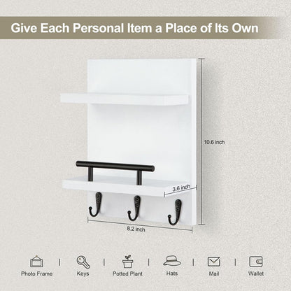 Key Holder Wall Mount, Mail Shelf Decor with 3 Key Hooks, Versatile Wood Wall Organizer for Entryway Hallway (8.2” x 10.6”x 3.6”) (White) | Farmhouse Key Hanger Holds Dog Leash, Sunglasses – Decorative Mail Organizer Home Decor