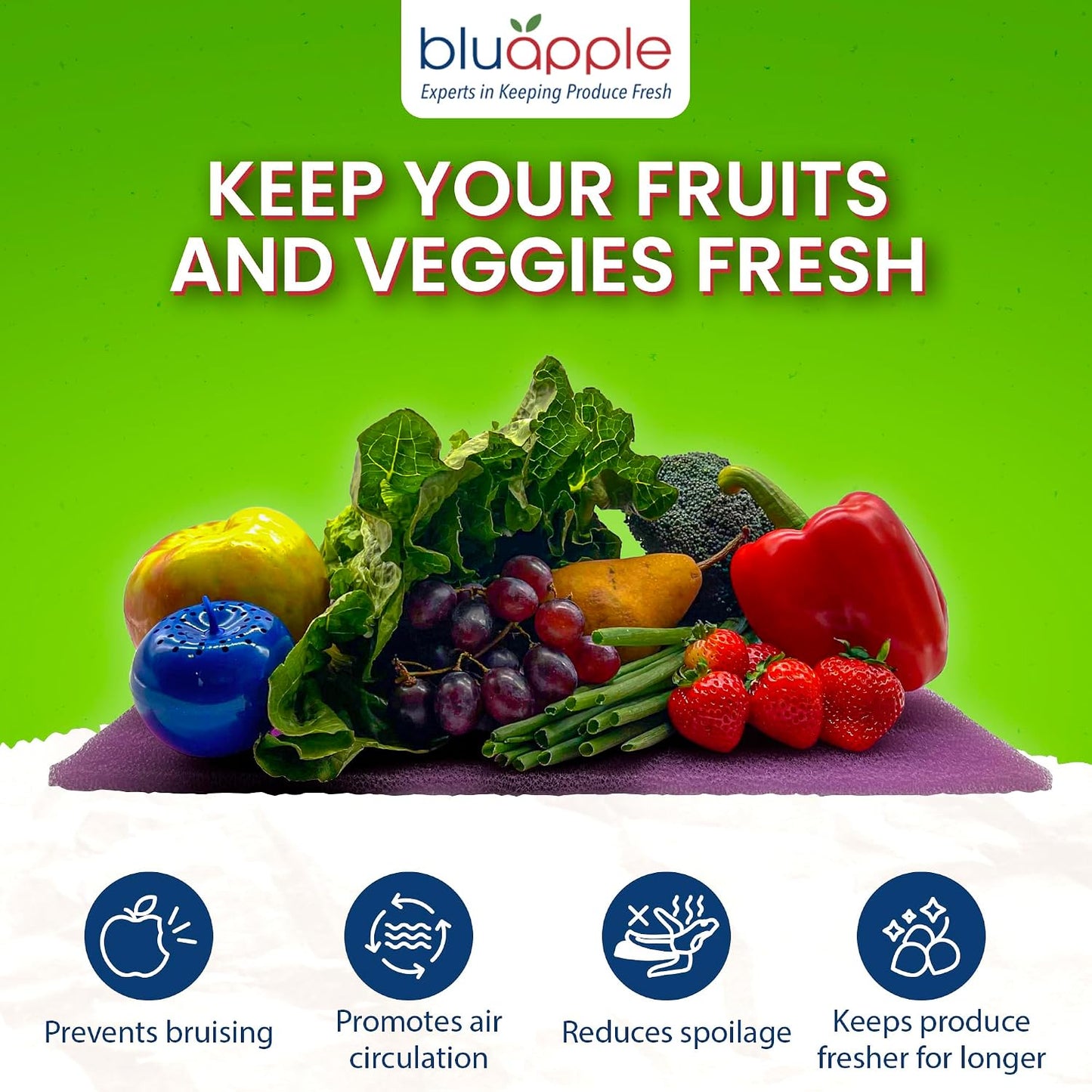 Bluapple FreshMats - Refrigerator Bin Liners, Fridge Drawer Mats - Keeps Produce Fresh Longer, Prevents Bruising, Promotes Air Circulation - BPA-Free Polyurethane Foam - (4-Piece Set, 12"x15", Green)