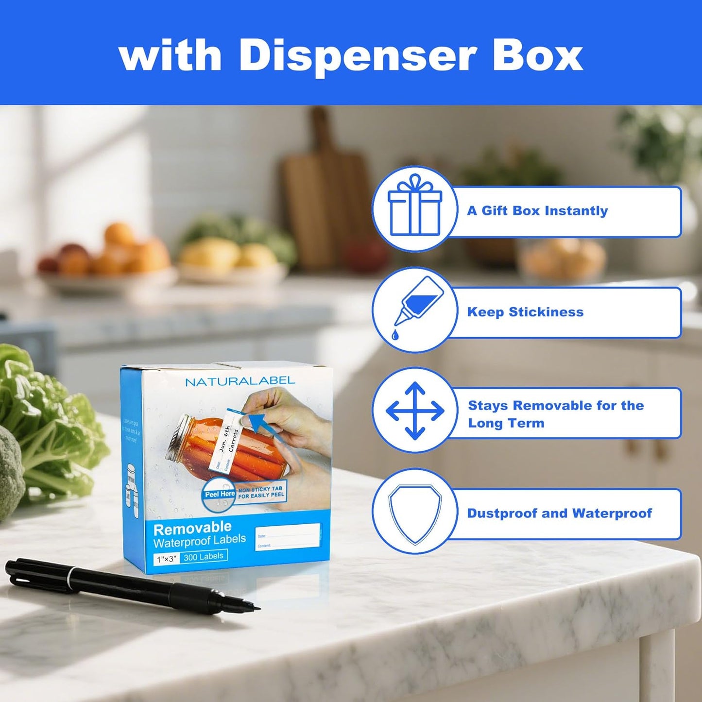 Removable Freezer Labels with Dispenser, 1" x 3", 1 Box (Red) | Writable, remove no residue, waterproof & oilproof, easy peel-off design, 300 labels per box, for meal prep containers