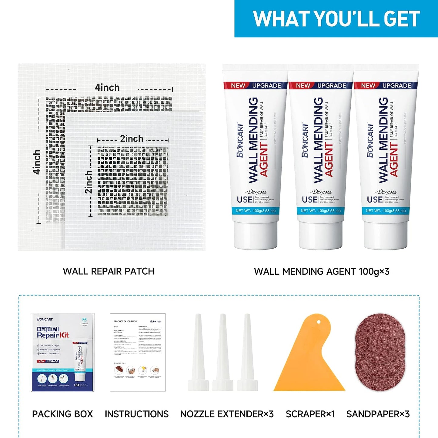 Drywall Repair Kit, 2-Pack Wall Mending Agent, Wall Spackle with Tools | Includes Scraper and Sandpaper. For Wall Surface Hole Fill, Quick And Easy Solution.