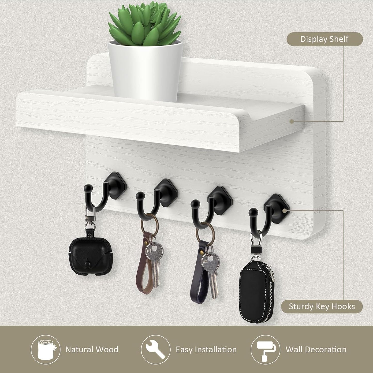 Nekon Key Holder Wall Mount, 8.5 Inch Small Wooden Wall Organizer, Black | Rustic Wall Shelf, Farmhouse Key and Mail Holder for Living Room Entryway Kitchen
